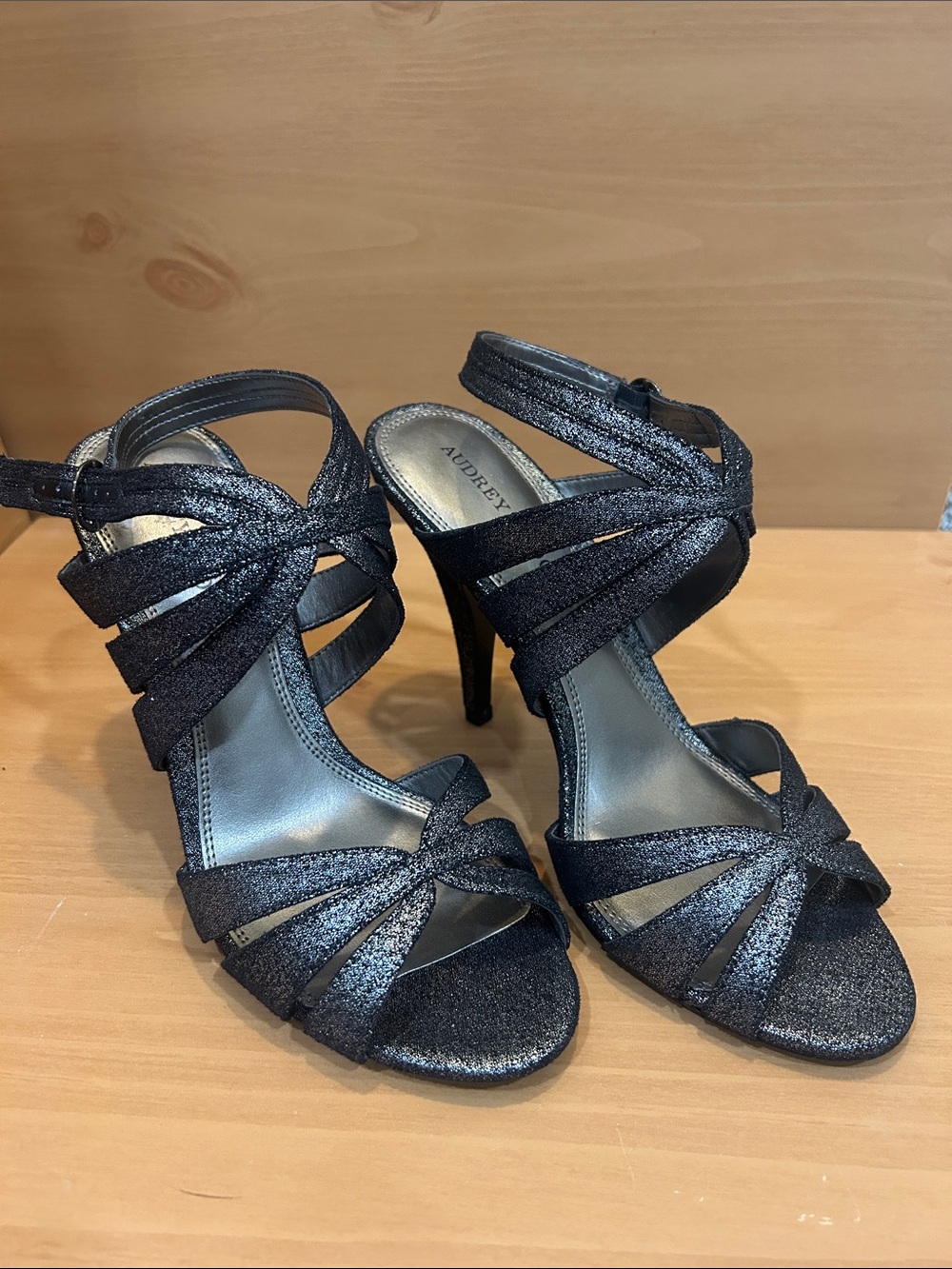 Audrey Brooke Black Glitter Multi-Strap High Heel Sandals